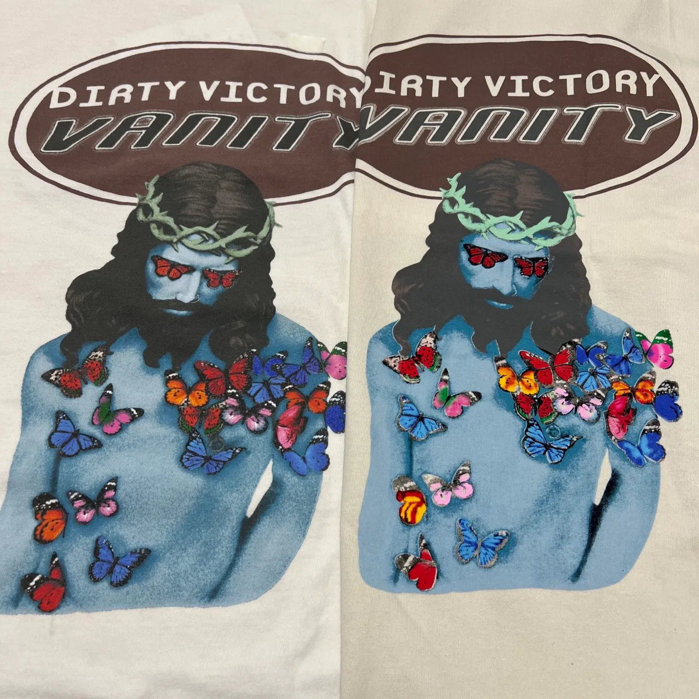 Printing proofing SAINT Mxxxxxx VANITY SS TEE/WHT Jesus butterfly printed short-sleeved off-white S-XL cylindrical fabric without side seams 220g high weight OE yarn ⚠️Note: It is almost meaningless if it is not a cylindrical fabric Customized main mark/wash mark/little angel anti-counterfeiting label Original-level printing factory Top purchasing level